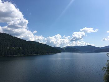 Scenic view of lake by mountains against sky