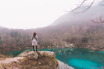 Rear view of woman standing on cliff by lake against clear sky