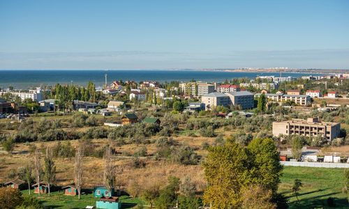 Panoramic top view of the koblevo resort village near odessa, ukraine, on a sunny spring day