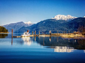 Scenic view of lake and mountains against clear blue sky