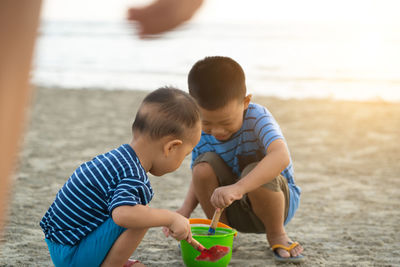 Rear view of children on beach