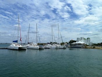 Boats moored at harbor