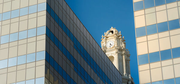 Low angle view of modern building against clear blue sky