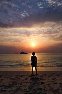 Rear view of silhouette man standing on beach during sunset