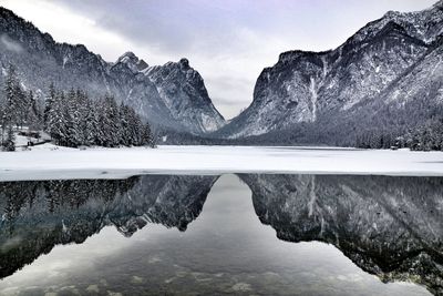 Scenic view of lake against sky during winter