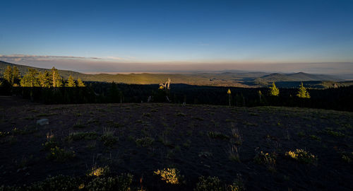 Scenic view of landscape against clear sky during sunset