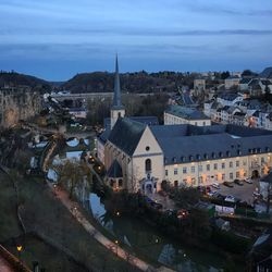 High angle view of townscape against sky in city