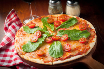 High angle view of pizza on table