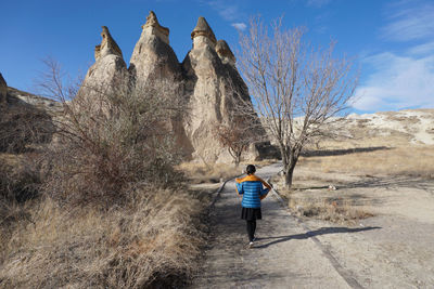 Rear view of man walking on land against sky