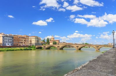 Bridge over river by buildings against sky