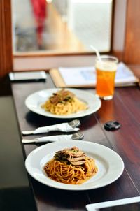 Close-up of food served on table