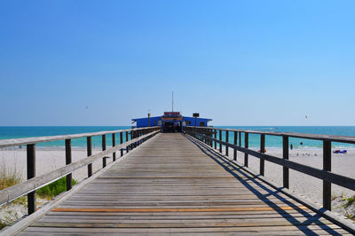 Pier at beach against clear blue sky