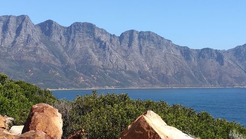 Scenic view of lake and mountains against clear sky