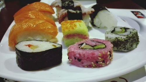 Close-up of sushi served in plate