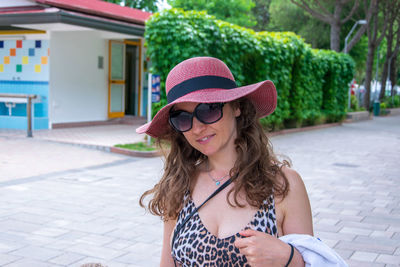 Portrait of woman in one-piece swimsuit