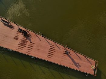 High angle view of boats moored in lake