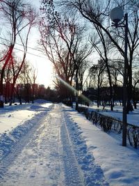 Snow covered road by bare trees against sky