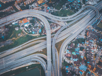 Aerial view of multiple lane highway in city