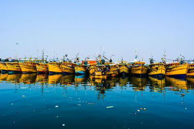 Scenic view of moored boats