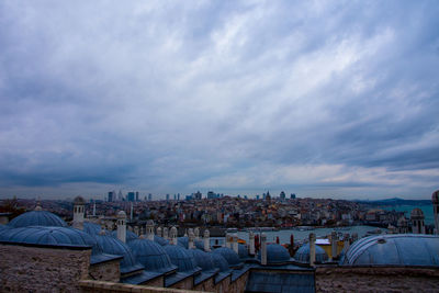 High angle view of buildings against cloudy sky