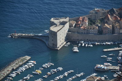 High angle view of boats in sea at the historic port