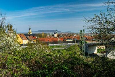 Plants and buildings against sky