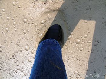 Low section of man standing on tiled floor