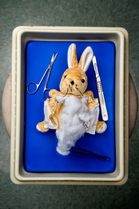 Directly above shot of toy with surgical equipment in medical tray on table