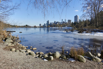 Scenic view of lake against sky during winter