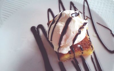 High angle view of dessert in plate on table