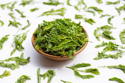 Close-up of vegetables on table against white background