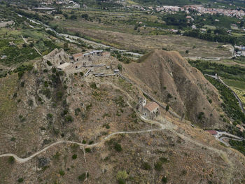 Aerial view of ruin kf old castle on hill