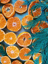 High angle view of orange slices on table