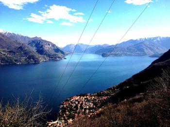 Steel cables over lake against mountains