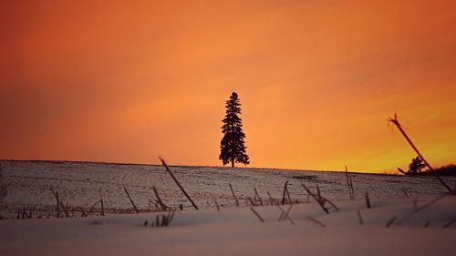 Snow covered landscape against sky during sunset