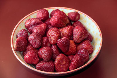 Close-up of raspberries in bowl on table