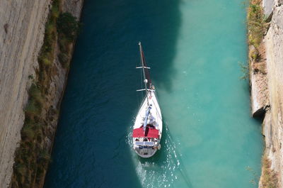 High angle view of ship sailing in sea