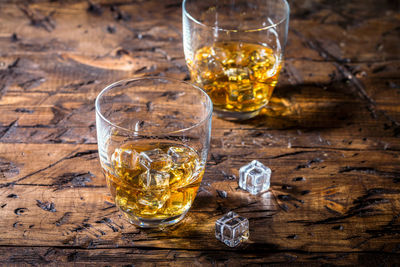 High angle view of wine glass on table