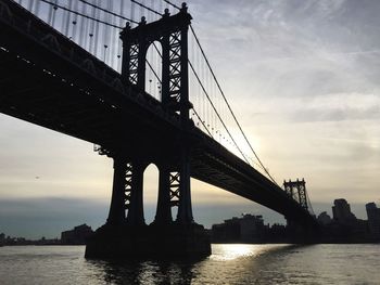 Manhattan bridge over east river against sky during sunset in city