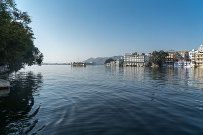 Scenic view of lake against clear blue sky