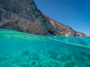 Scenic view of sea against clear blue sky