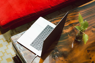 High angle view of woman reading book