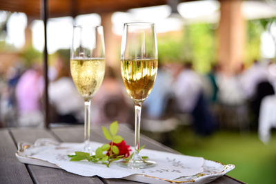 Glass of wine on table at restaurant