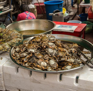 Crabs in plate for sale at market