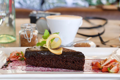 Close-up of dessert served on table