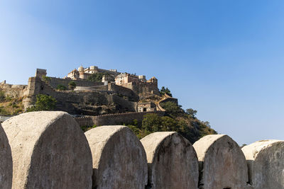 Ancient fort ruins with bright blue sky from unique perspective at morning 