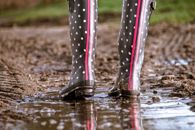 Low section of person standing in puddle