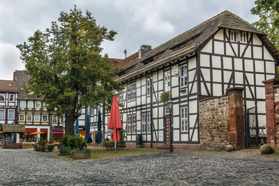Street with historical half-timbered houses in einbeck, germany