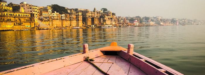 Ship in water against clear sky