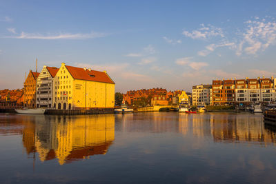 Buildings by river against sky during sunset